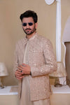 Beige Prince coat computer work embroidery with cotten silk suit